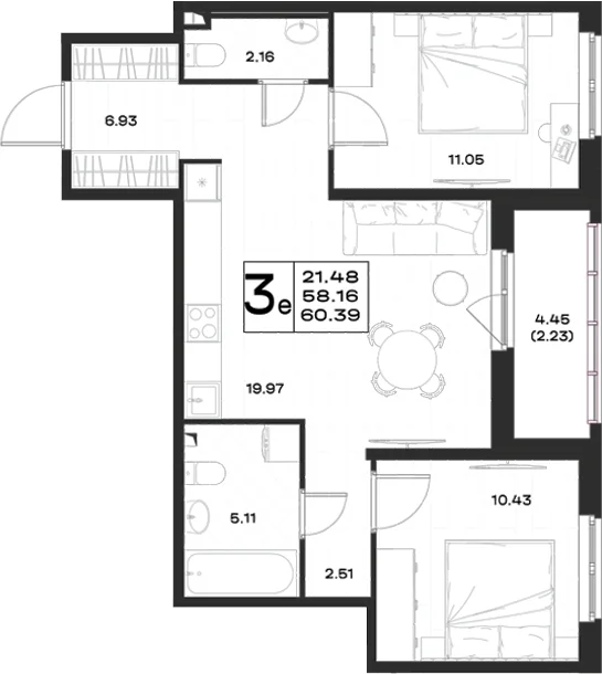 Планировка: Евротрёшка 58,2 м² в ЖК «Имена»
