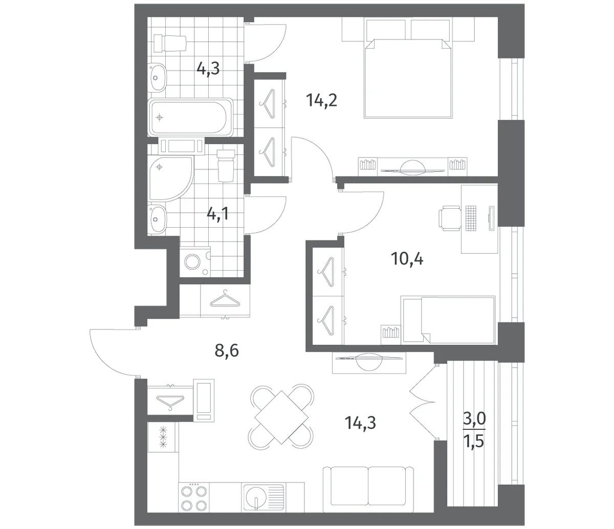 Планировка: 2-комнатная квартира 56 м² в ЖК «Новый Питер»