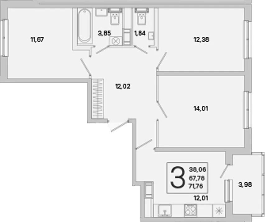 Планировка: 3-комнатная квартира 67,8 м² в ЖК «ЮгТаун. Олимпийские кварталы»