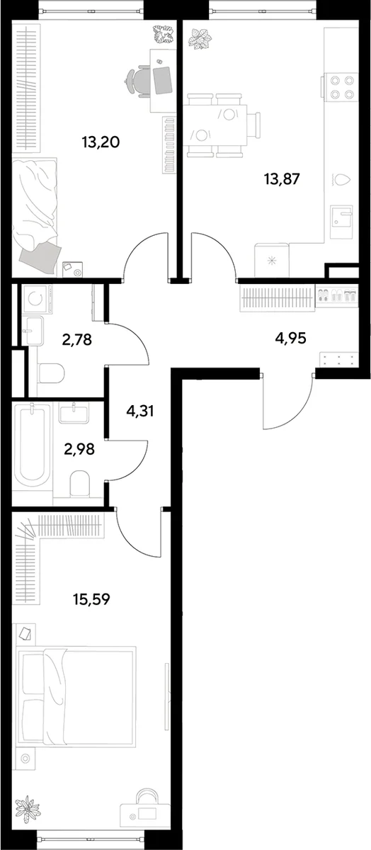 Планировка: 2-комнатная квартира 57,7 м² в ЖК «Космопарк»