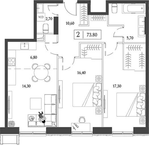 Планировка: Евротрёшка 73,6 м² в ЖК «Dream Towers»