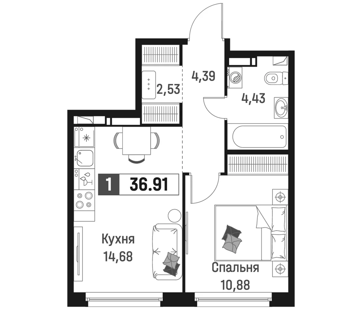 Планировка: 1-комнатная квартира 36,9 м² в ЖК «Максималист»