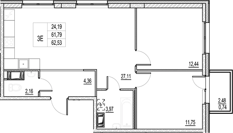Планировка: Евротрёшка 61,8 м² в ЖК «Город-спутник Южный»