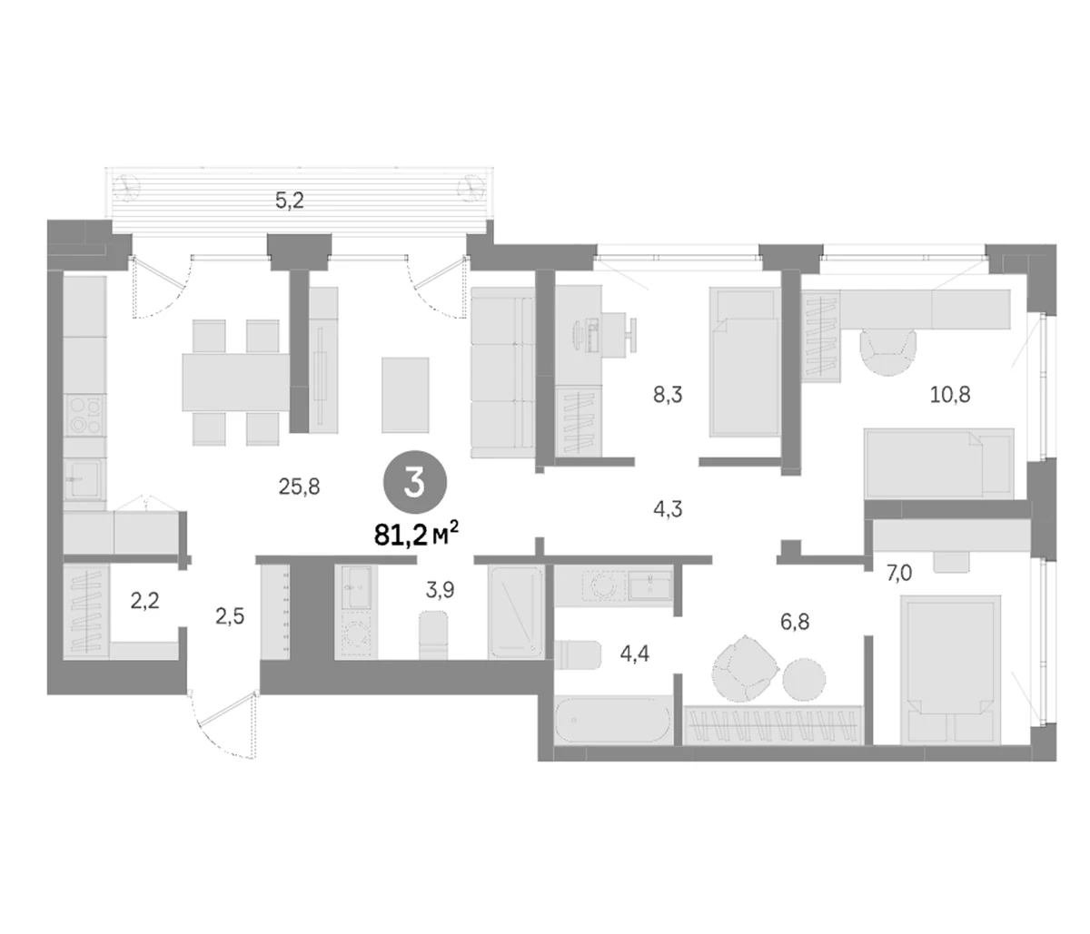 Планировка: 3-комнатная квартира 75,9 м² в ЖК «Квартал Издание»
