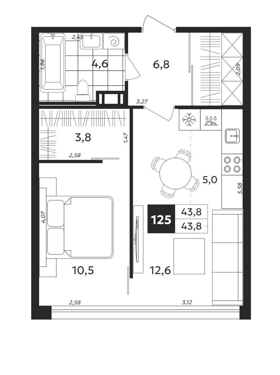 Планировка: 1-комнатная квартира 43,8 м² в ЖК «Дом на Бронницкой»