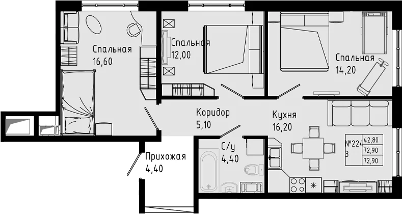 Планировка: Квартира евро-4 72,9 м² в ЖК «PIXEL»