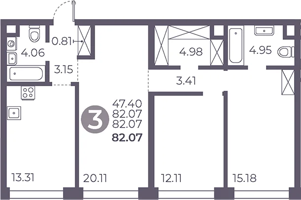 Планировка: 3-комнатная квартира 82,1 м² в ЖК «Мневники от Гранель»