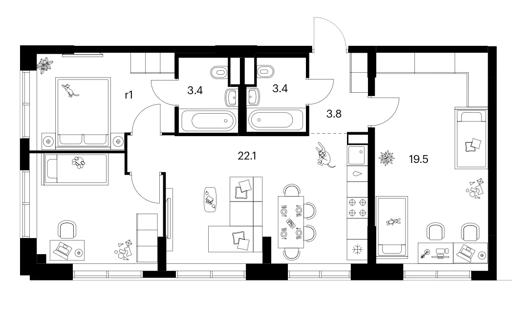 Планировка: 3-комнатная квартира 73 м² в ЖК «Бунинская набережная»