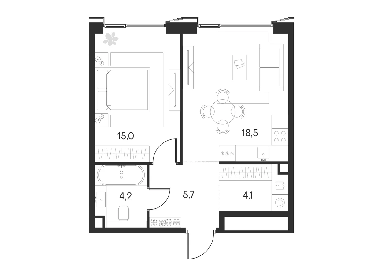 Планировка: Евродвушка 47,5 м² в ЖК «Клубный город на реке Примавера»