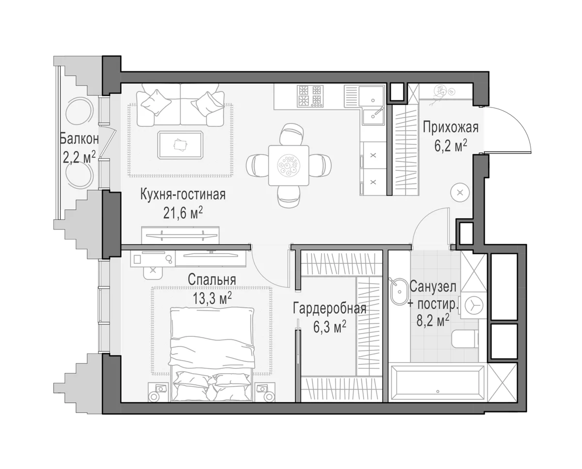 Планировка: Евродвушка 55,3 м² в ЖК «Квартал Тишинский бульвар»