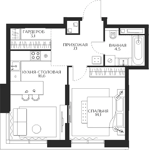 Планировка: 1-комнатная квартира 45,4 м² в ЖК «Кутузов Сити»