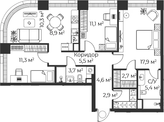 Планировка: Квартира евро-4 84,1 м² в ЖК «Веер»