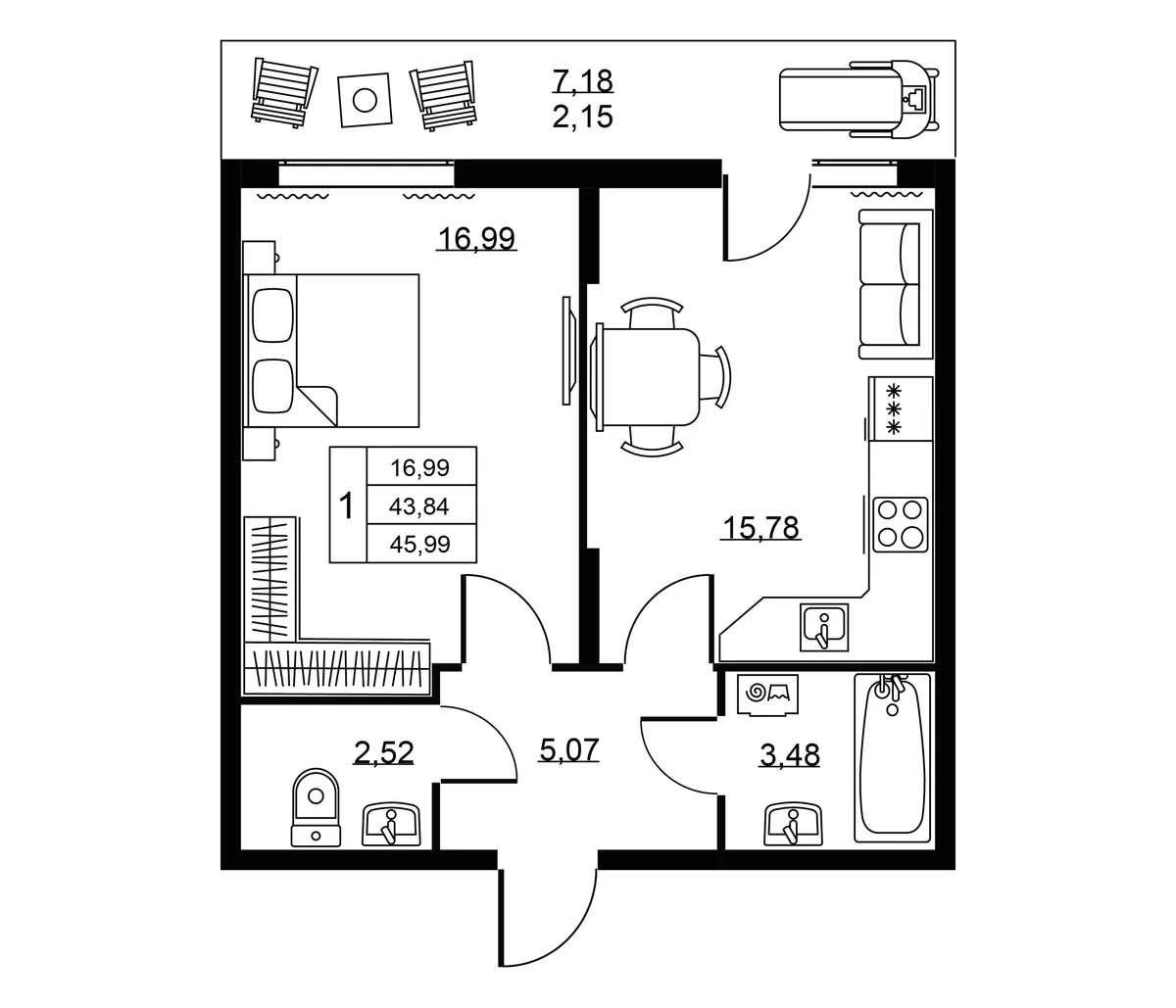 Планировка: Евродвушка 43,8 м² в ЖК «Пулковское, 34»