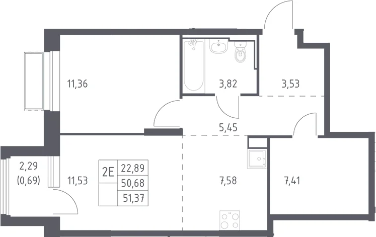 Планировка: Евродвушка 50,7 м² в ЖК «Долина Яузы»