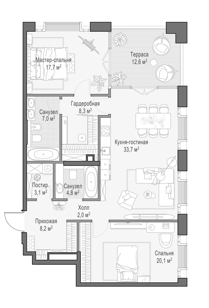 Планировка: Евротрёшка 111,1 м² в ЖК «Клубный квартал Фрунзенский»