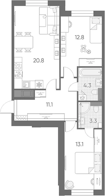 Планировка: Евротрёшка 65,4 м² в ЖК «Большая Охта»