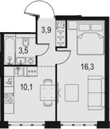 Планировка: 1-комнатная квартира 33,8 м² в ЖК «Левел Южнопортовая»