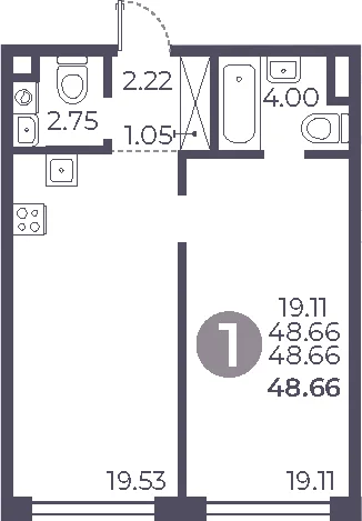 Планировка: 1-комнатная квартира 48,7 м² в ЖК «Мневники от Гранель»