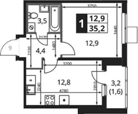 Планировка: 1-комнатная квартира 34,2 м² в ЖК «1-й Ясеневский»