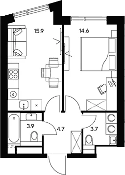 Планировка: 1-комнатная квартира 42,8 м² в ЖК «НЕКСУС от Аквилон»
