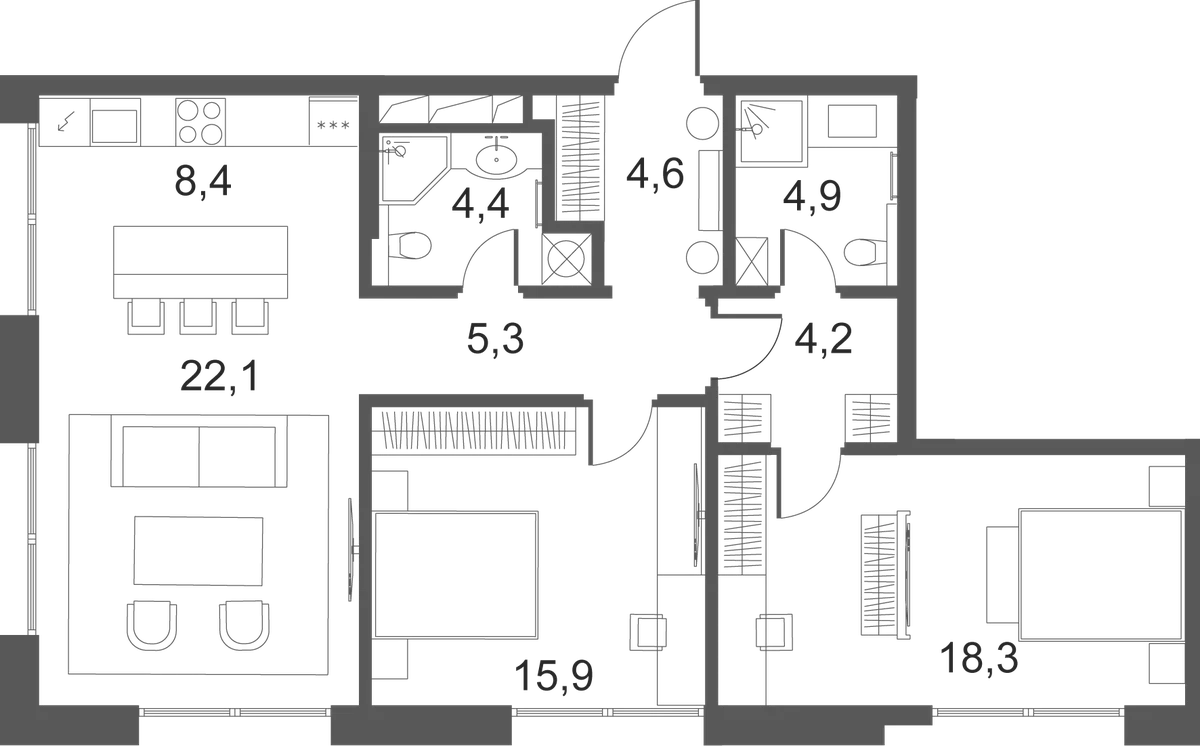 Планировка: Евротрёшка 88,1 м² в ЖК «Клубные особняки Ильинка 3/8»