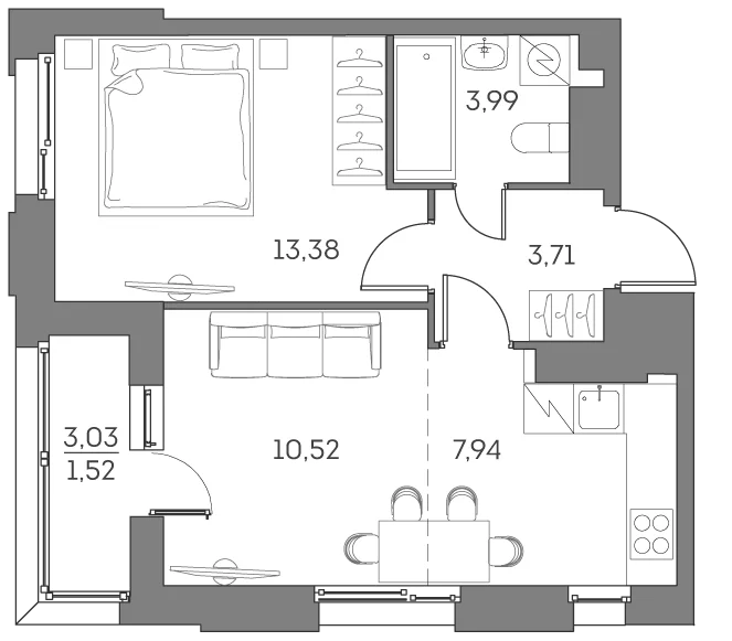 Планировка: Евродвушка 39,5 м² в ЖК «Аквилон БИСАЙД 2.0»