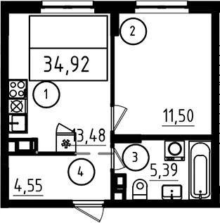 Планировка: 1-комнатная квартира 34,9 м² в ЖК «А101 Лаголово»