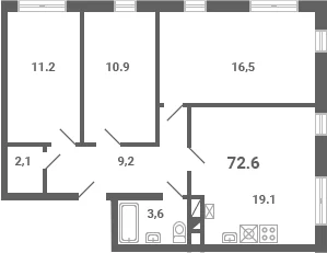 Планировка: 3-комнатная квартира 72,6 м² в ЖК «Южная Долина»