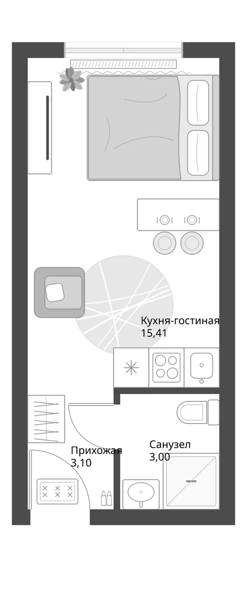 Планировка: Студия 21,5 м² в ЖК «Апарт-комплекс Первый Зеленый»