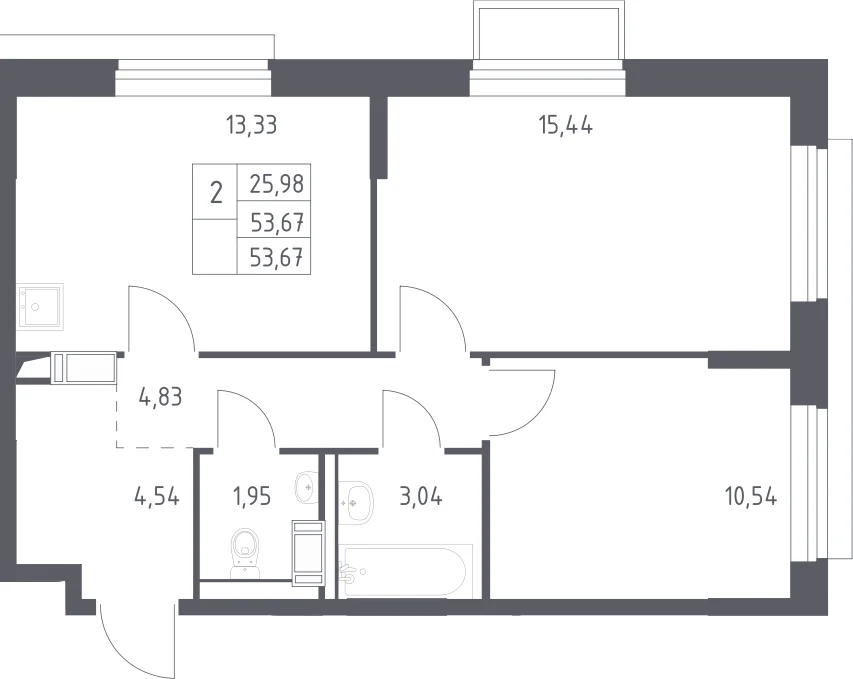 Планировка: 2-комнатная квартира 53,7 м² в ЖК «Томилино Парк»