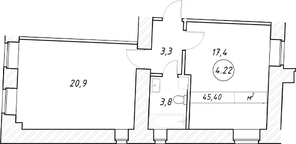 Планировка: Евродвушка 45,4 м² в ЖК «пр-кт Обуховской Обороны, 42 к2»