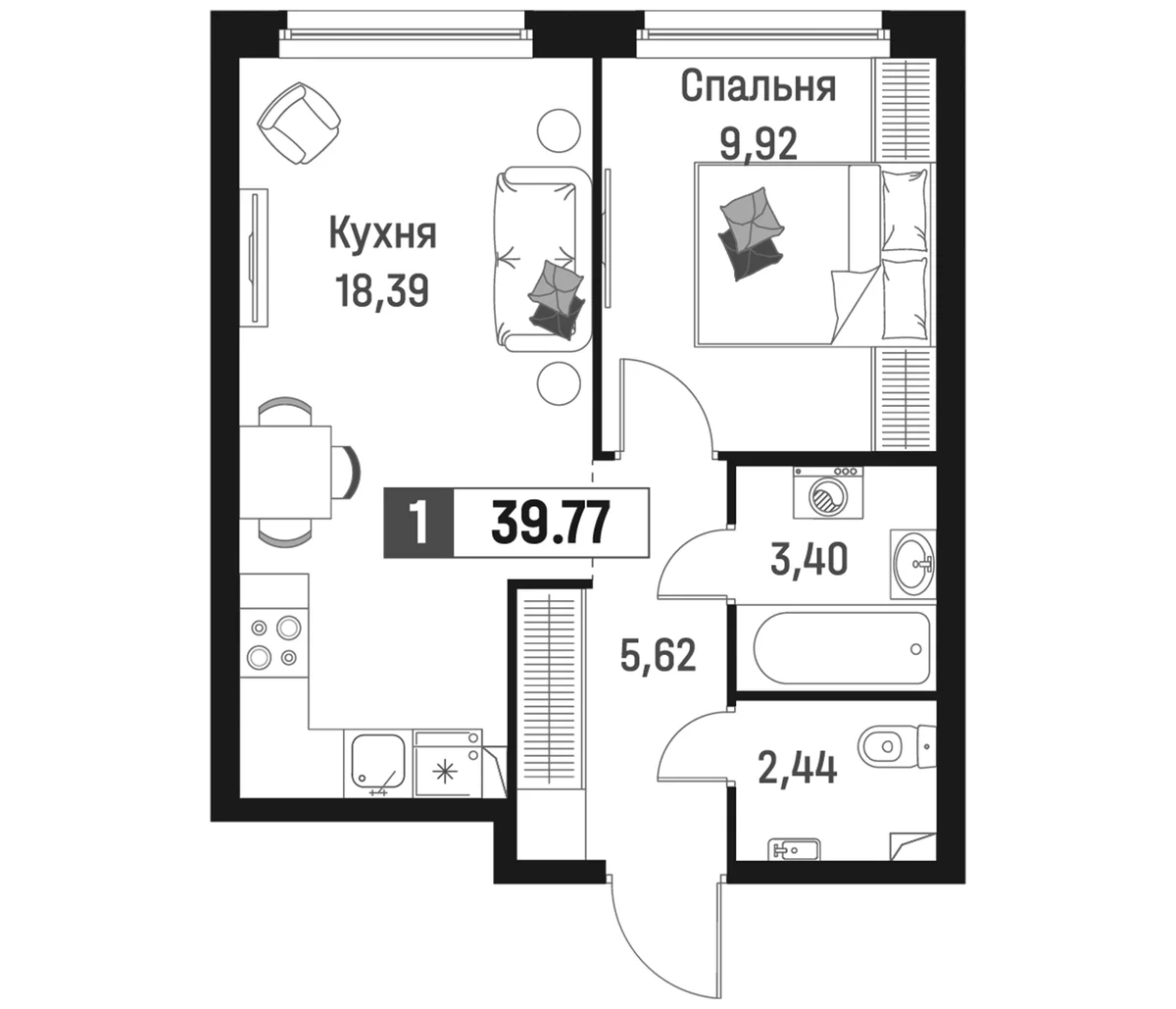 Планировка: Евродвушка 39,8 м² в ЖК «Максималист»