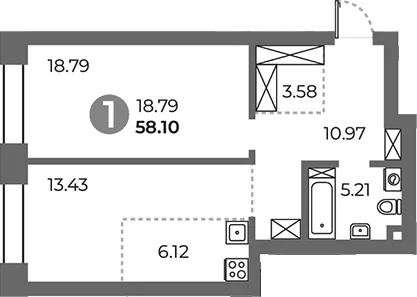 Планировка: 1-комнатная квартира 58,1 м² в ЖК «Павелецкая от Гранель»