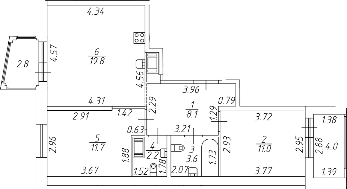 Планировка: Евротрёшка 56,6 м² в ЖК «Респект»