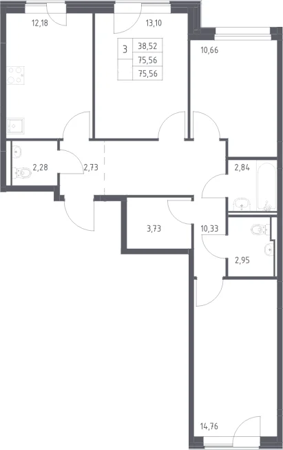 Планировка: 3-комнатная квартира 75,6 м² в ЖК «Прибрежный Парк»