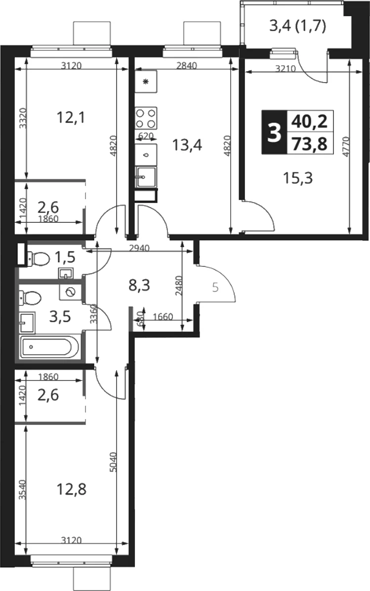 Планировка: 3-комнатная квартира 72,1 м² в ЖК «1-й Ясеневский»