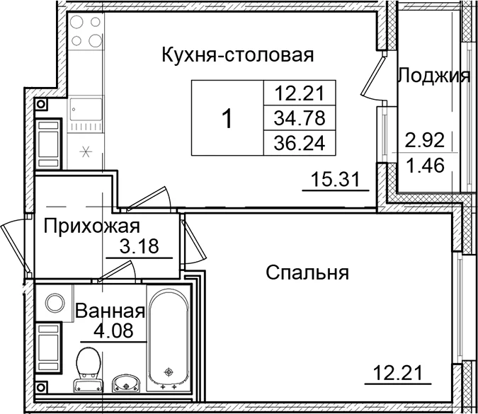 Планировка: 1-комнатная квартира 34,8 м² в ЖК «Квартал Заречье»