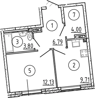 Планировка: 1-комнатная квартира 36,4 м² в ЖК «Квартал Лаголово»