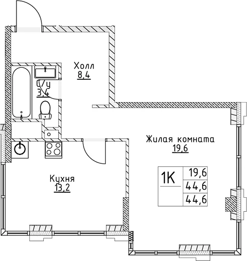 Планировка: 1-комнатная квартира 44,6 м² в ЖК «ВЭРИ на Миклухо-Маклая»
