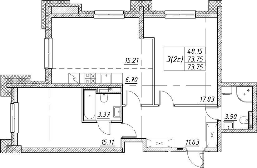 Планировка: Евротрёшка 73,8 м² в ЖК «Цивилизация на Неве»