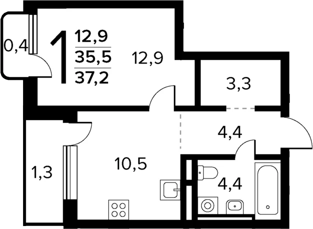 Планировка: Евродвушка 35,5 м² в ЖК «Новые Ватутинки Квартал у реки»