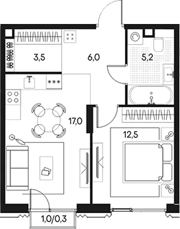 Планировка: Евродвушка 44,2 м² в ЖК «Клубный город на реке Примавера»