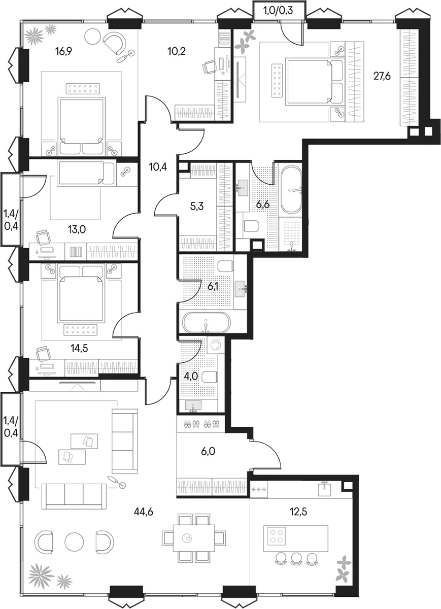 Планировка: Квартира евро-5 177,7 м² в ЖК «Клубный город на реке Примавера»