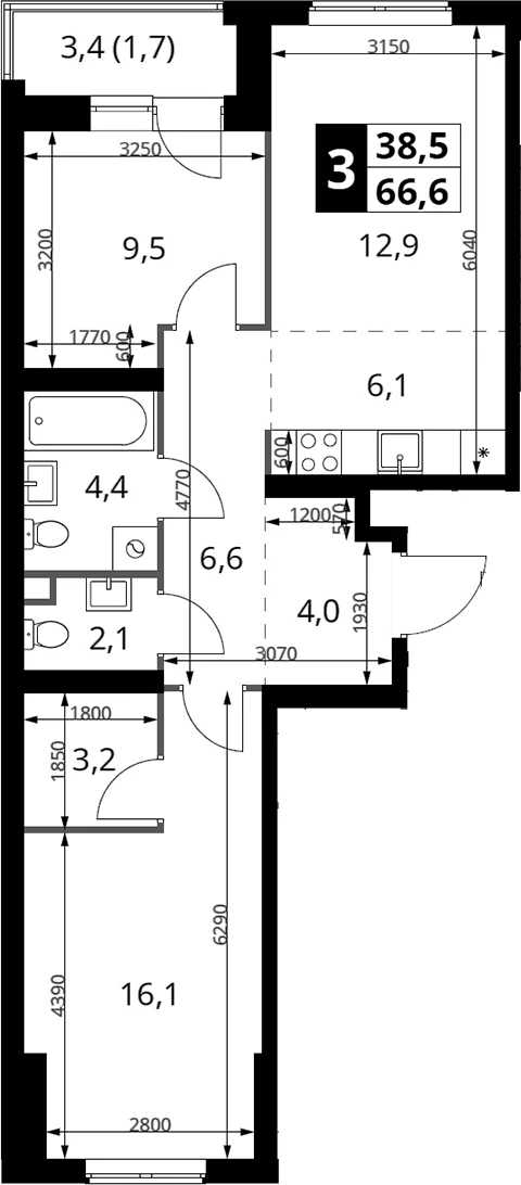 Планировка: Евротрёшка 64,9 м² в ЖК «1-й Измайловский»