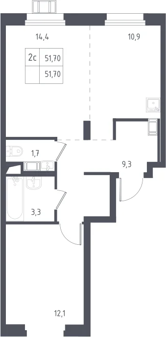 Планировка: Евродвушка 52,1 м² в ЖК «Люберцы»