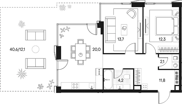 Планировка: 2-комнатная квартира 64,1 м² в ЖК «Клубный город на реке Примавера»