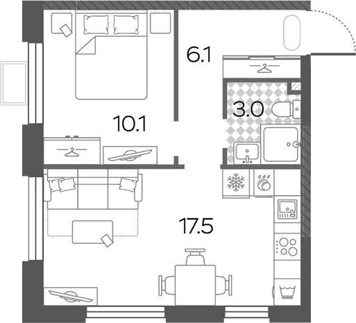 Планировка: Евродвушка 36,7 м² в ЖК «Лучи»