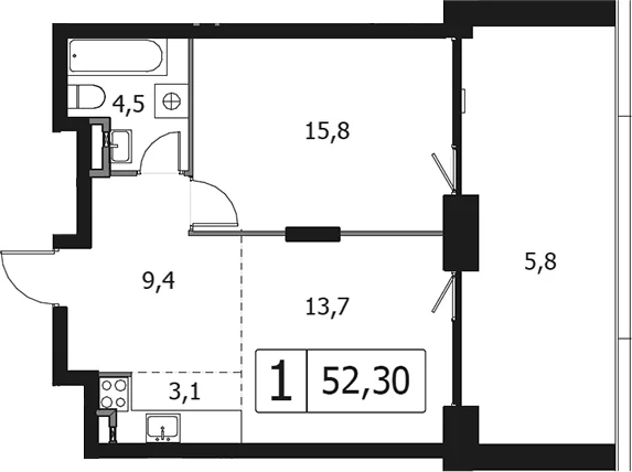 Планировка: Евродвушка 46,5 м² в ЖК «Клубный город на реке Примавера»
