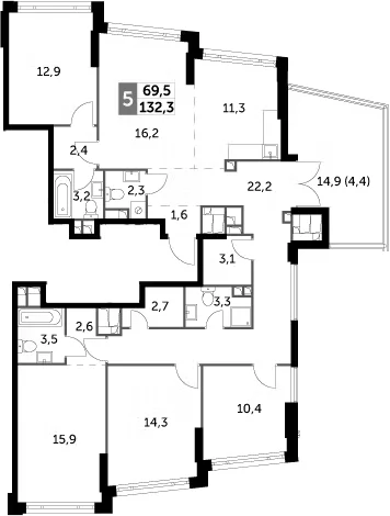 Планировка: 5-комнатная квартира 127,6 м² в ЖК «Роттердам»