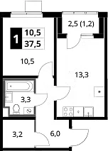Планировка: 1-комнатная квартира 36,3 м² в ЖК «1-й Ясеневский»